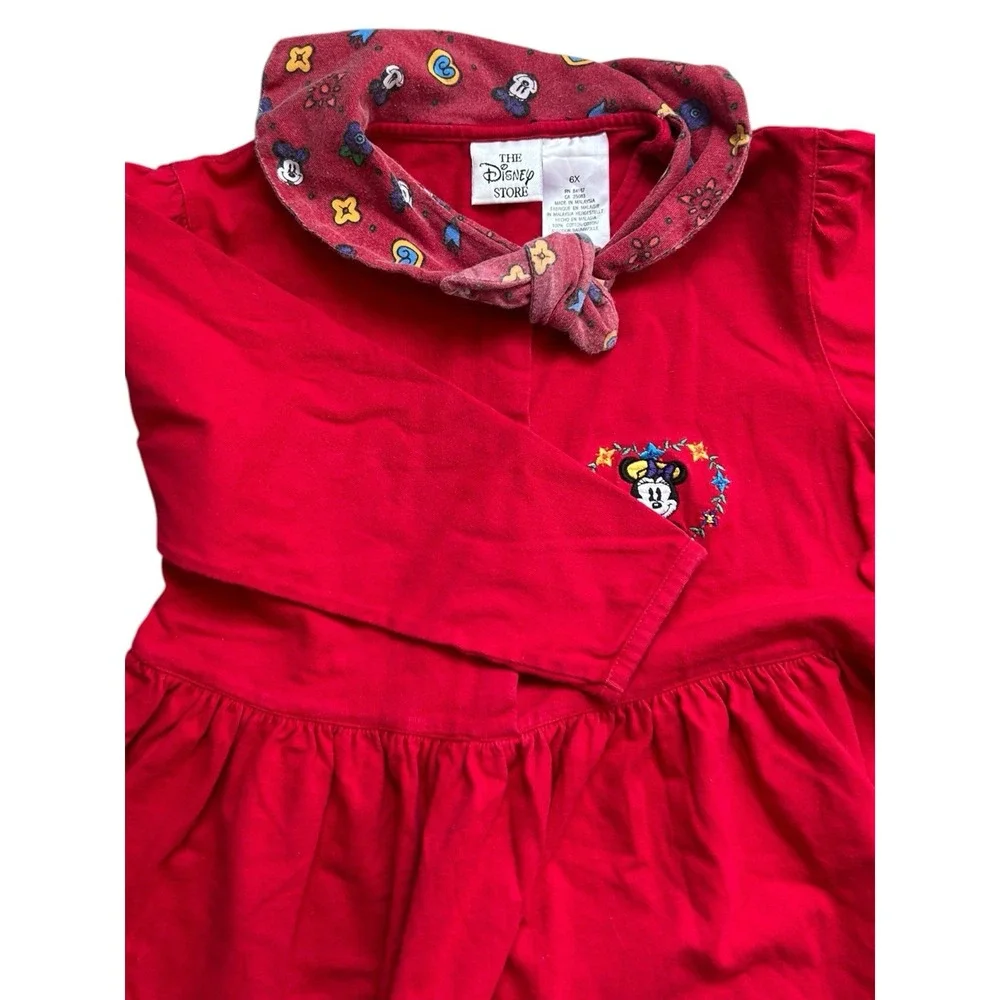 Vintage Disney Store Minnie Girls' Red Long Sleeve Dress Cotton Bandana Neck 6Y
